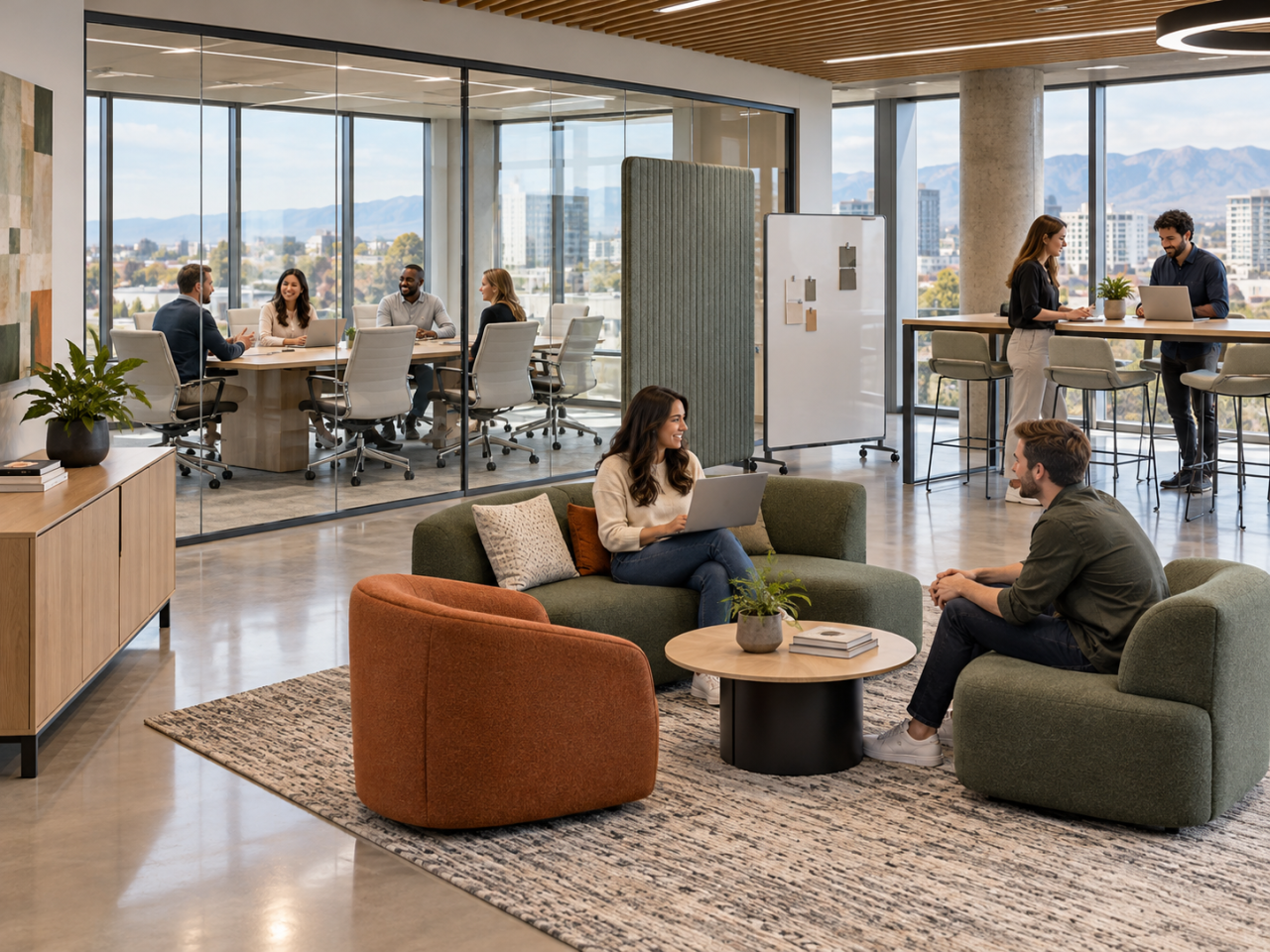 Coworking office with a glass-enclosed meeting room, tall touchdown table, collaborative lounge seating, and professionals working together.