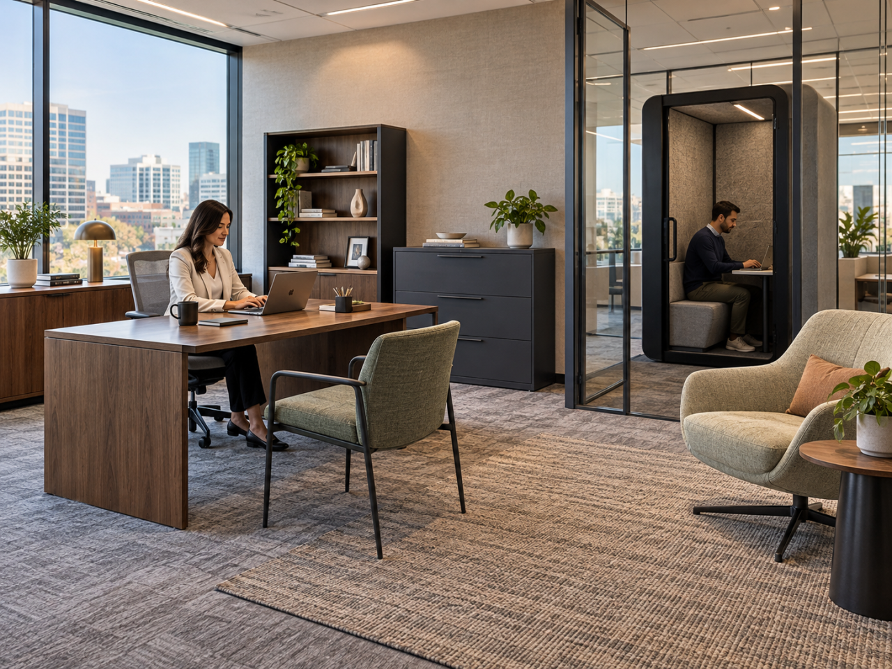 Private coworking office with a modern desk, ergonomic seating, storage furniture, and an enclosed focus booth for quiet work.