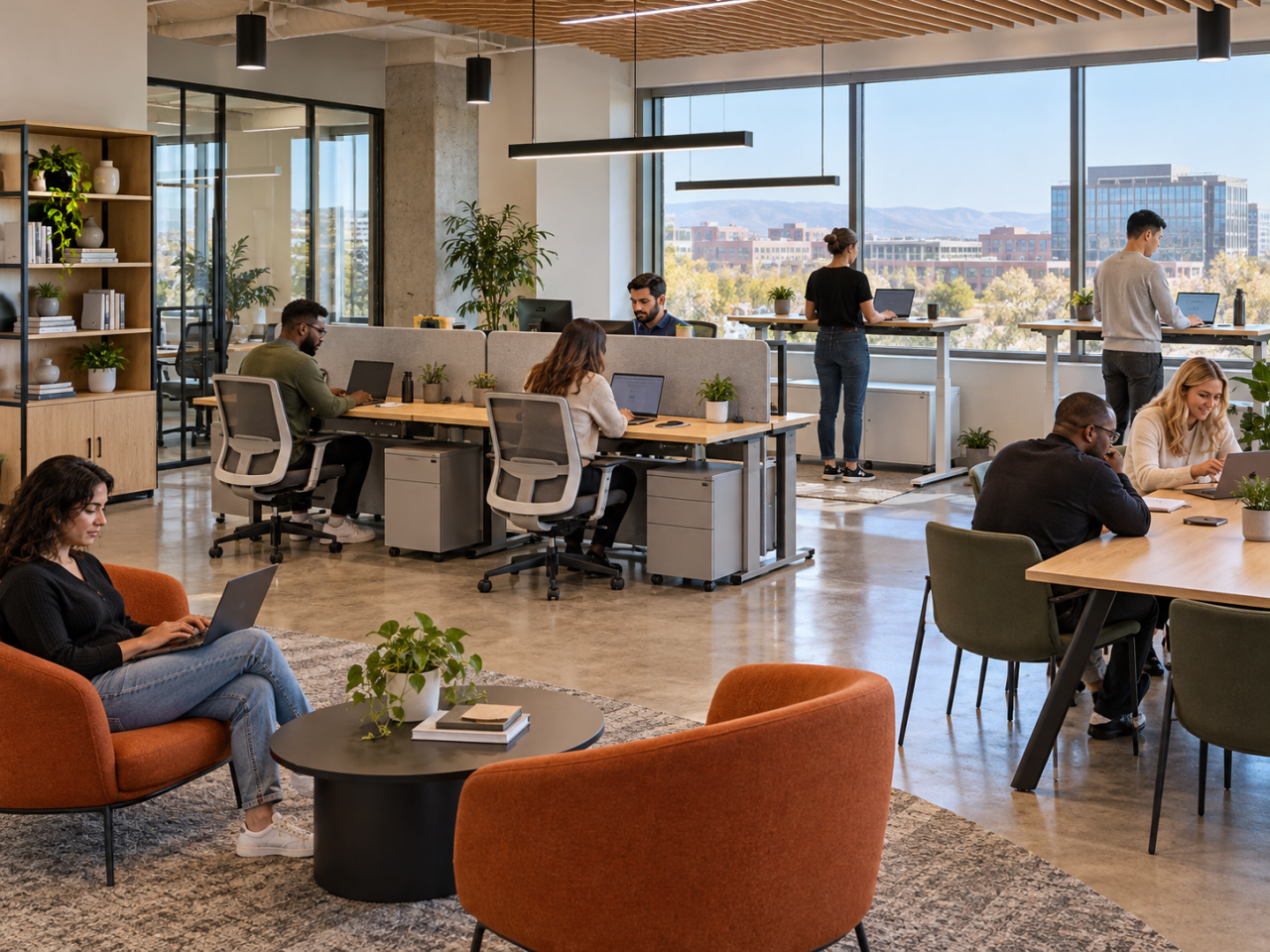 Modern coworking space with shared desks, hot desking stations, ergonomic seating, and professionals working in an open office layout.