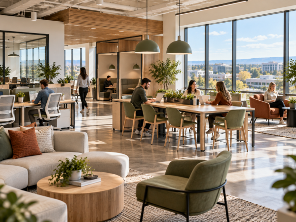 Modern coworking space with shared desks, ergonomic office chairs, collaborative seating and lounge furniture.