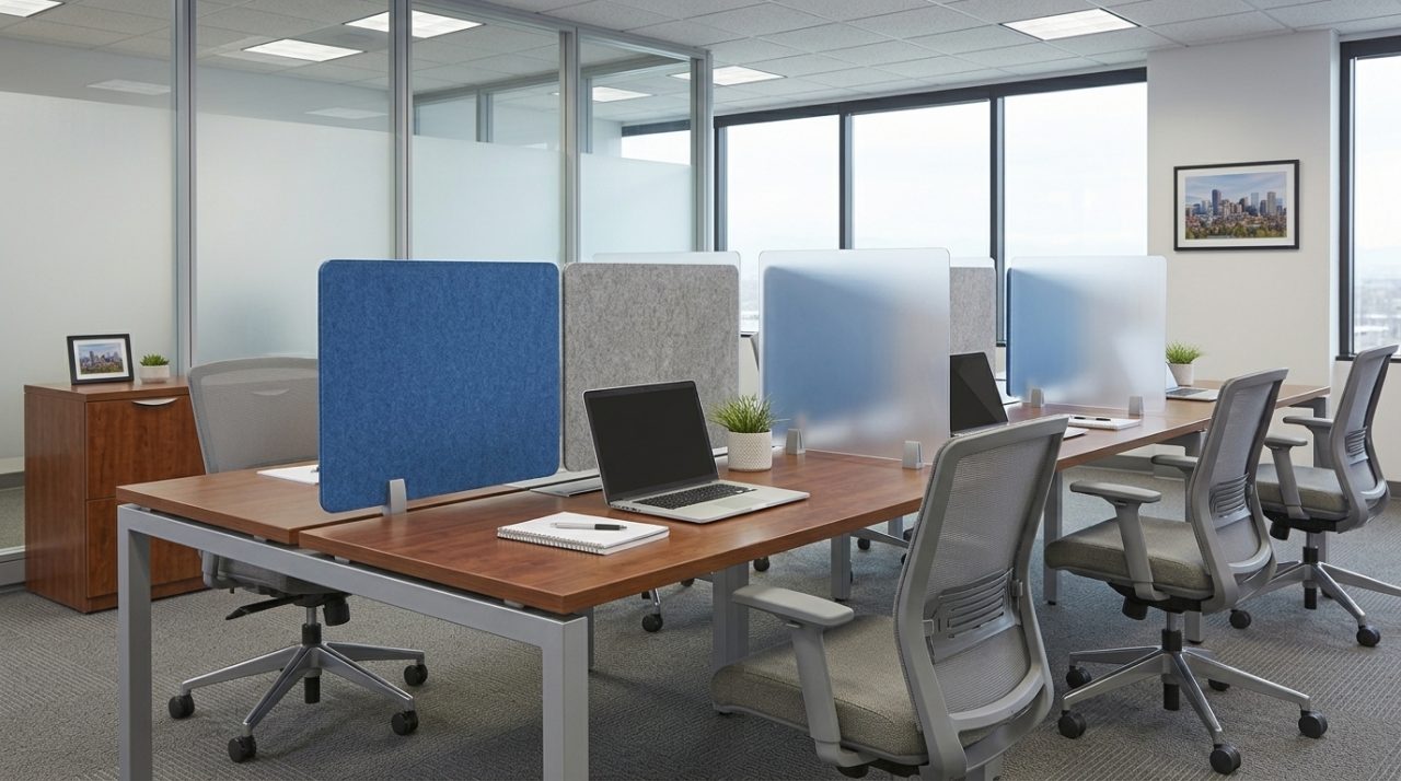 Blue and gray fabric dividers and frosted dividers mounted on a shared bench desk
