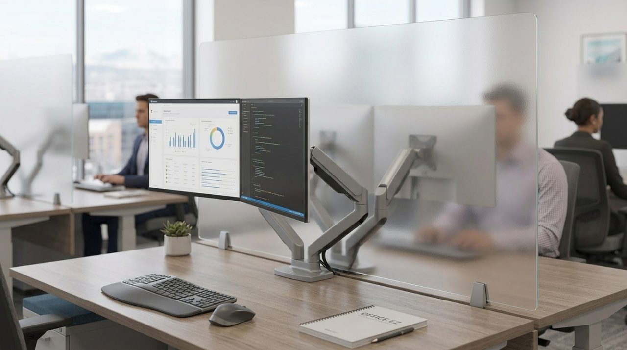 Dual adjustable monitor arms at a desk in front of a frosted privacy divider