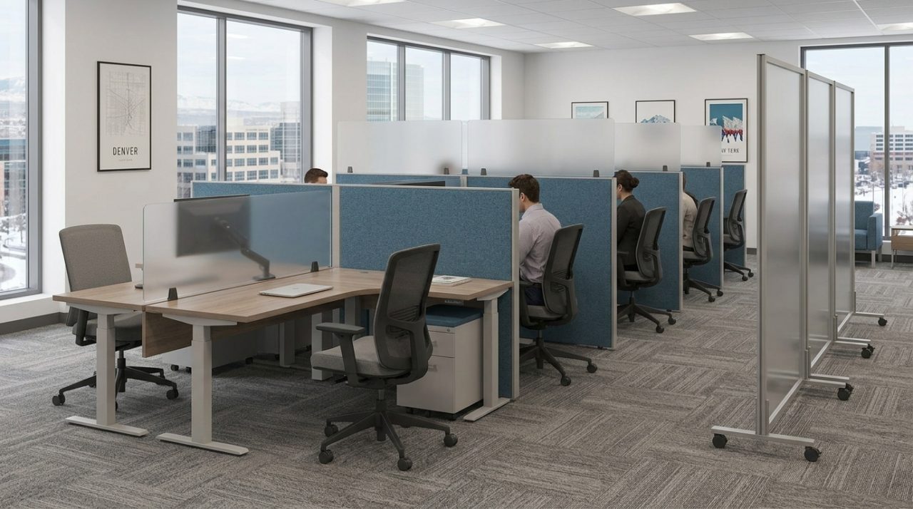 Blue fabric cubicle panels topped with frosted privacy glass and rolling frosted screens in an open office