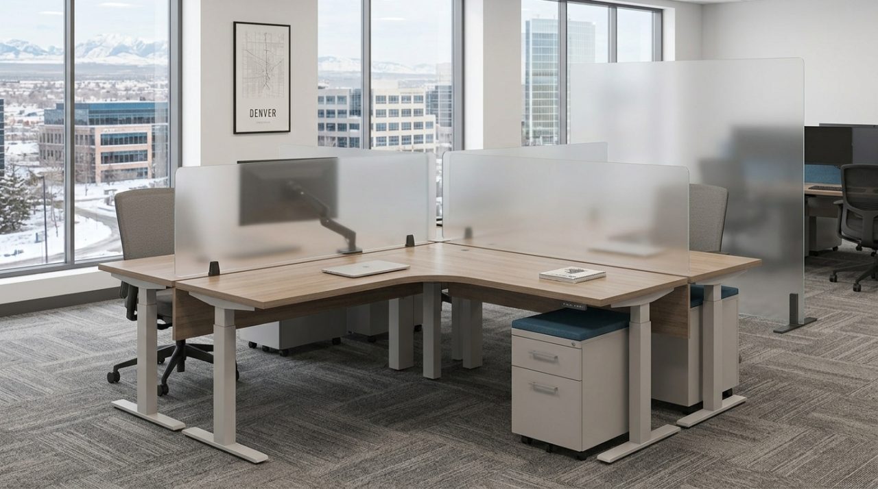Sit-stand desks with frosted privacy dividers and a freestanding frosted screen in an open office