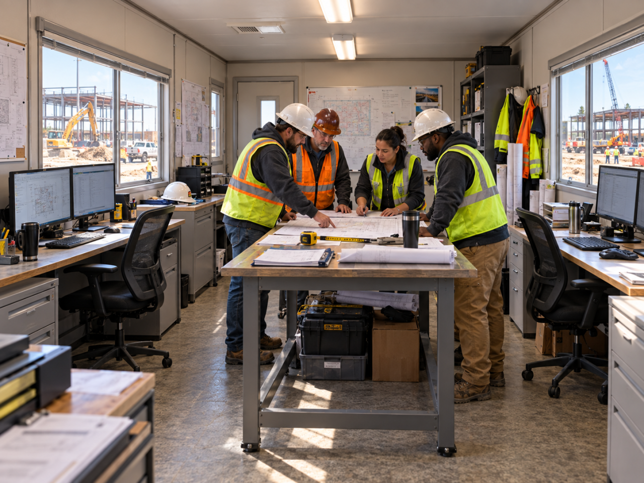 Construction team meeting around a table inside a job-site trailer office with workstations and an active construction site outside