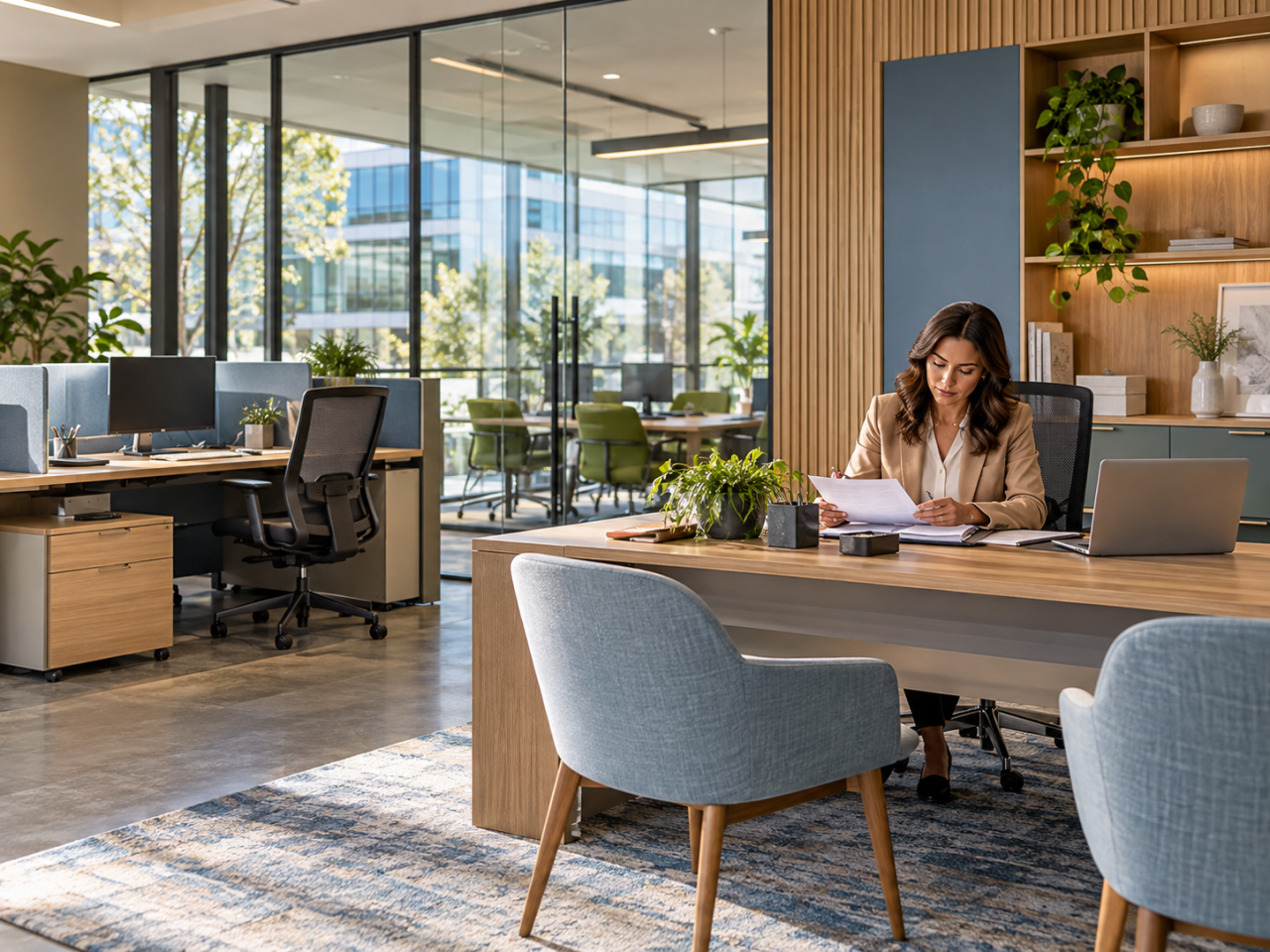 Property manager working in a furnished commercial office with workstations and storage