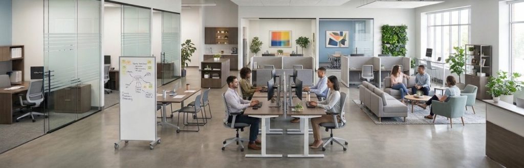 Panoramic view of a modern open-plan office layout in Colorado Springs featuring frosted glass private offices, sit-stand desk clusters, collaborative lounge seating, modular cubicles, and a mobile whiteboard.