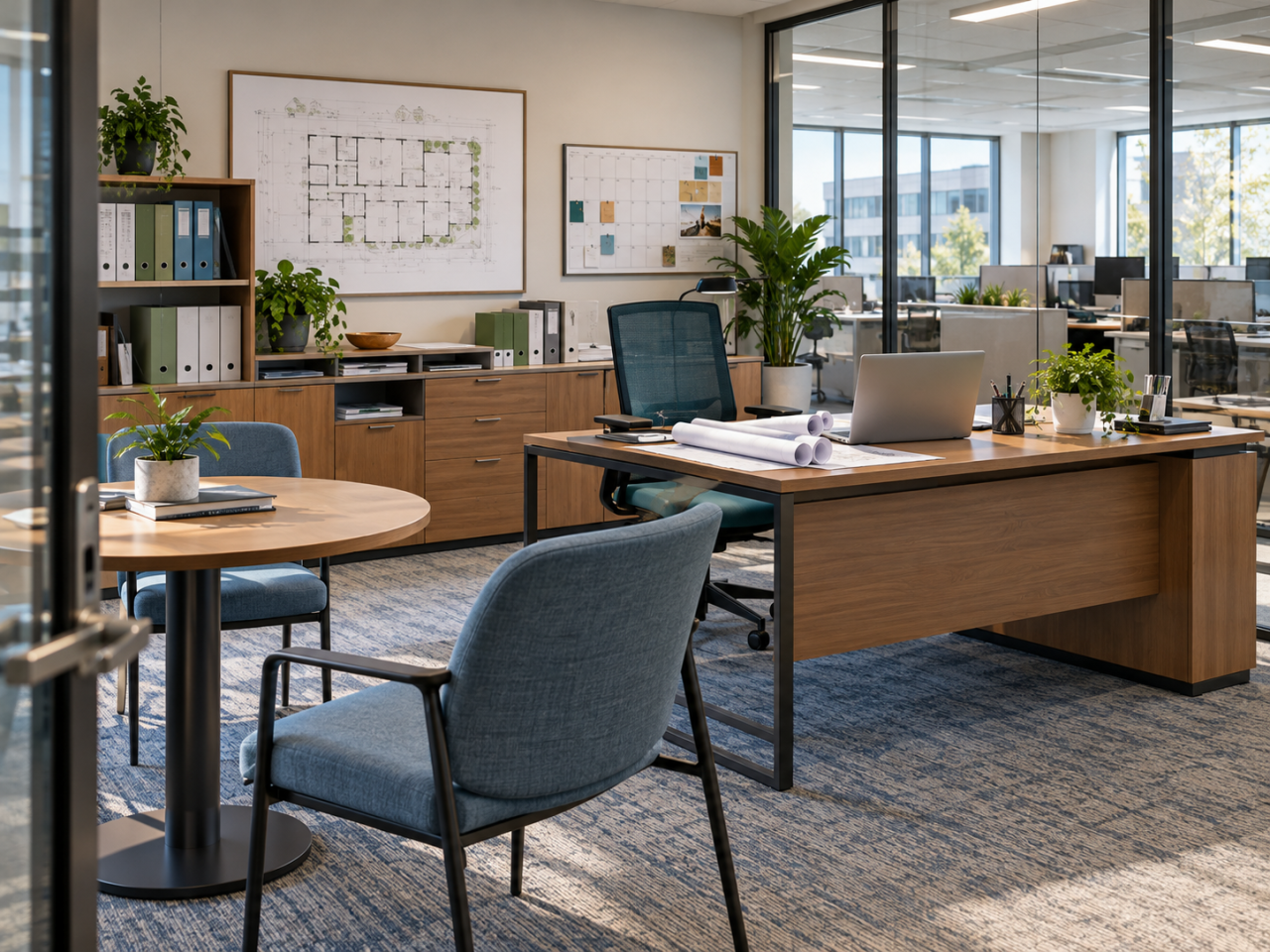 Private property management office with desk, meeting table, storage, and building plans
