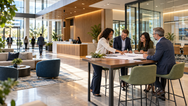 Property management team meeting with clients in a furnished commercial building