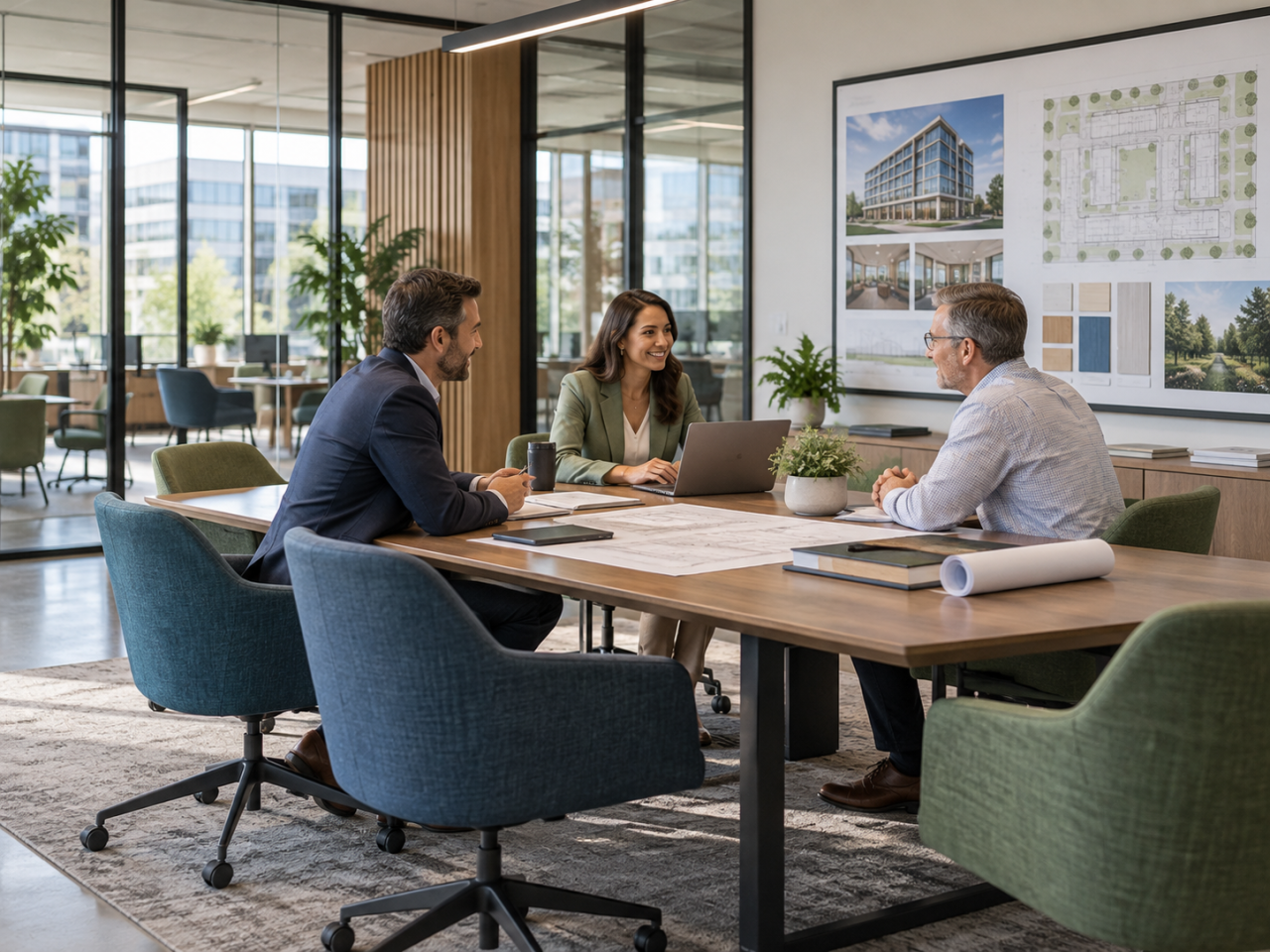 Property management team meeting with a client around a conference table