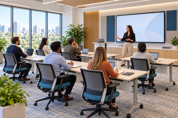 A training room with moveable tables and ergonomic seating.