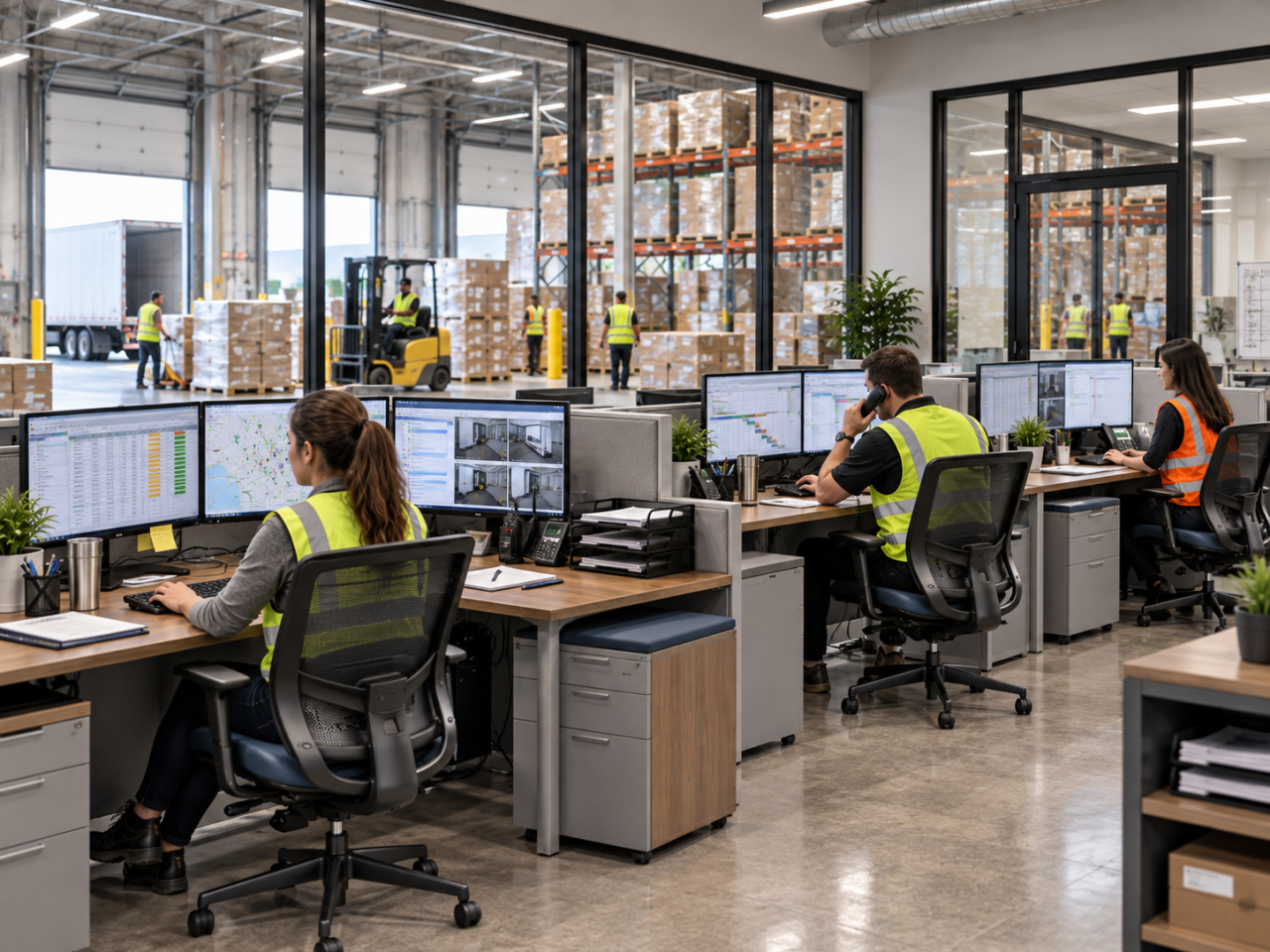 Warehouse dispatch office with multiple workstations, monitors, and active warehouse operations visible in the background