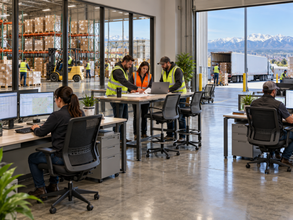Warehouse operations office with workstations, collaboration space, and active logistics activity in the background