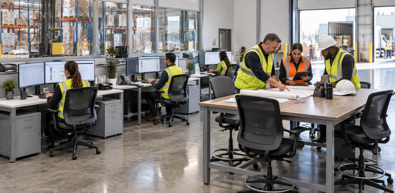 Office furniture for warehouse and industrial operations with workstations, supervisors and a warehouse in the background