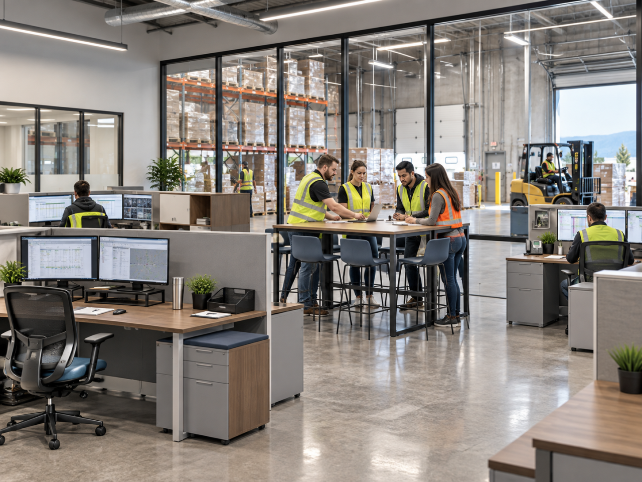 Warehouse operations office with modern workstations, a collaboration table, and active warehouse space in the background