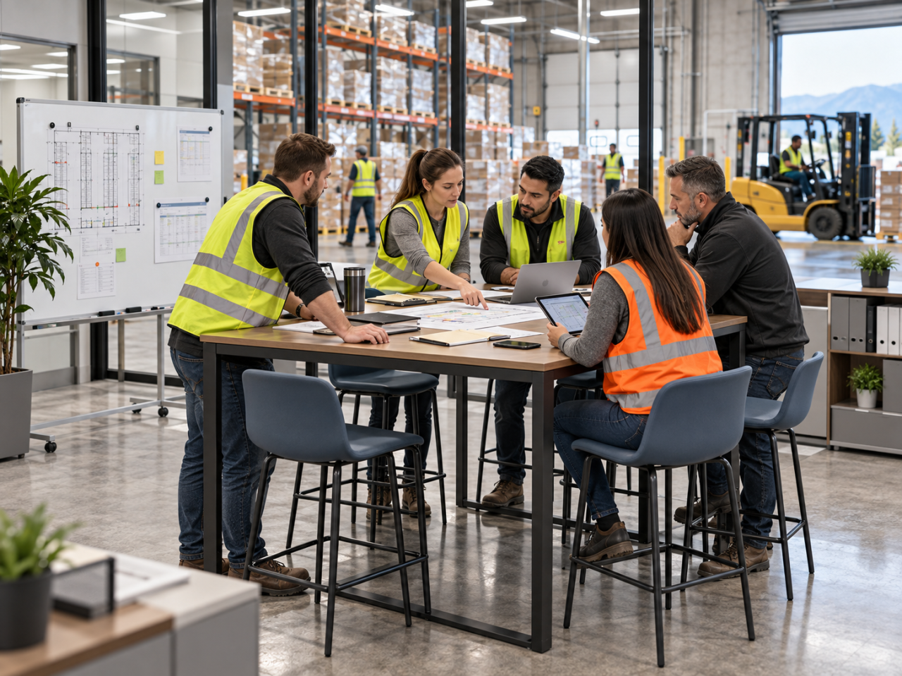 Warehouse operations team meeting around a collaboration table with warehouse activity visible behind them
