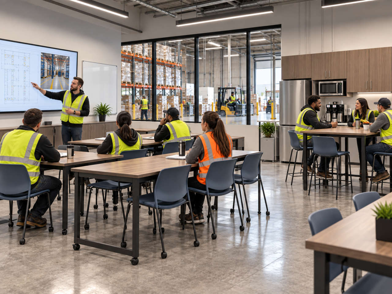 Warehouse employee training and breakroom space with tables, chairs, presentation screen, and kitchenette area