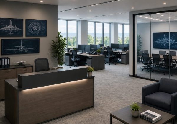 Modern aerospace and defense office with reception desk, workstations, conference room, and aircraft diagrams