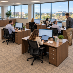 A small team working in a bull pen setting where they can collaborate from their desks.
