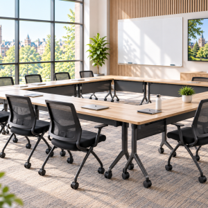 Modern education and training room with U-shaped classroom tables, mesh chairs, whiteboard, and campus view