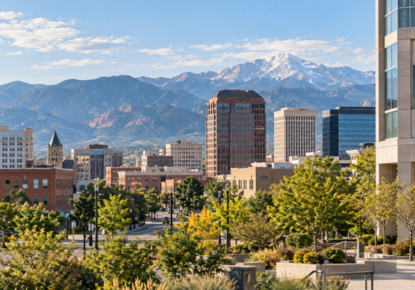 Downtown Colorado Springs with city buildings, landscaped streetscape, and mountain backdrop