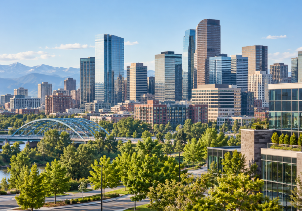 Denver skyline with modern business district, green foreground, and mountain backdrop
