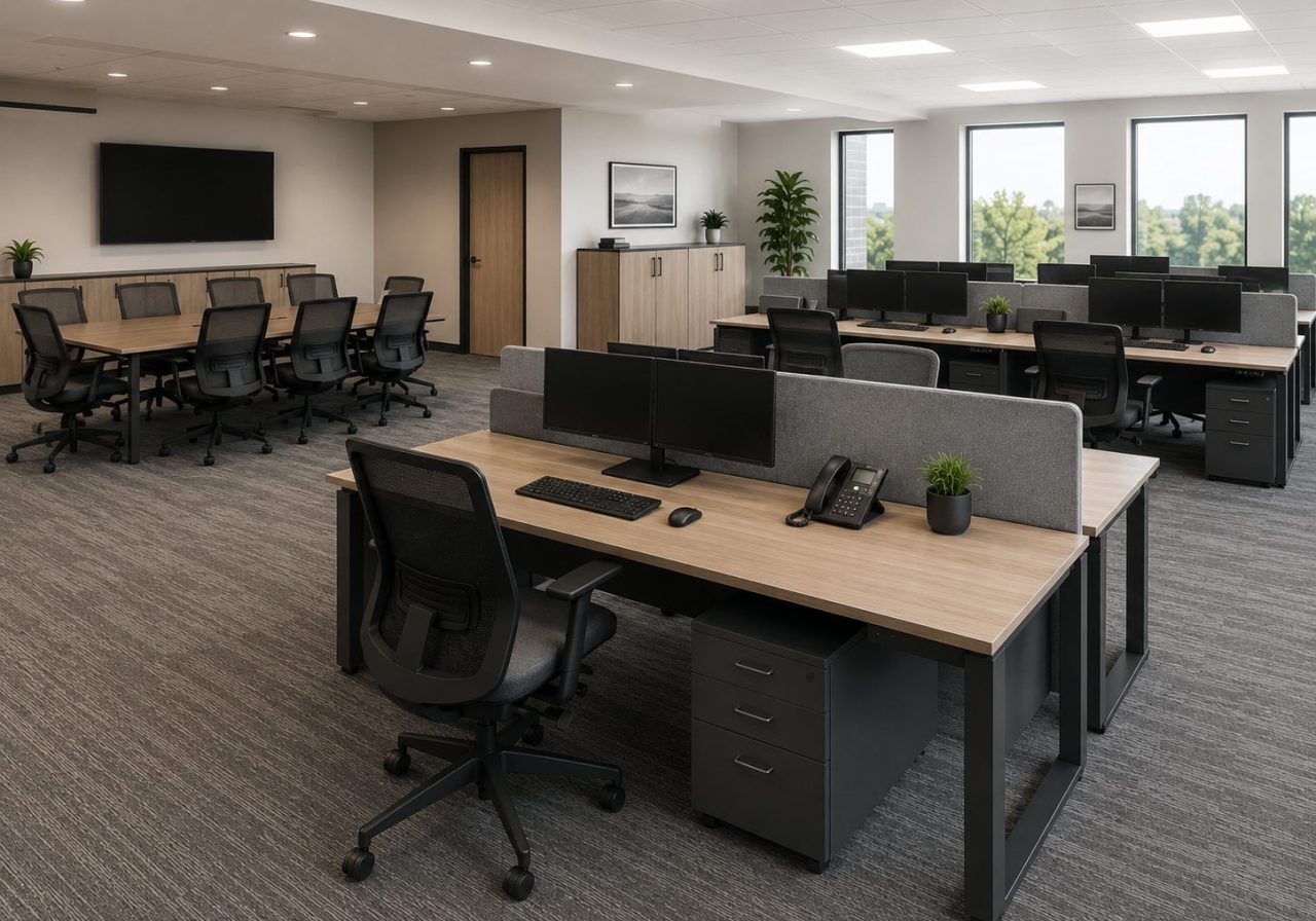 Government office furniture installation with workstations, ergonomic chairs, and conference seating