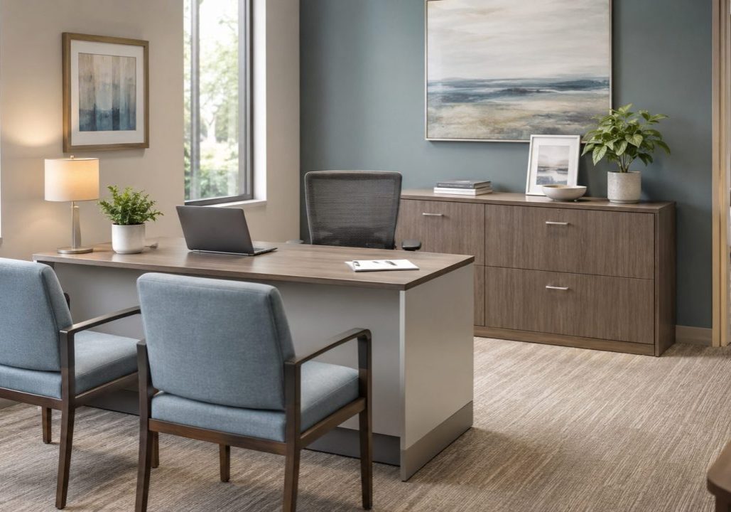 Healthcare consultation office with desk, two guest chairs, storage credenza, and waiting area seating