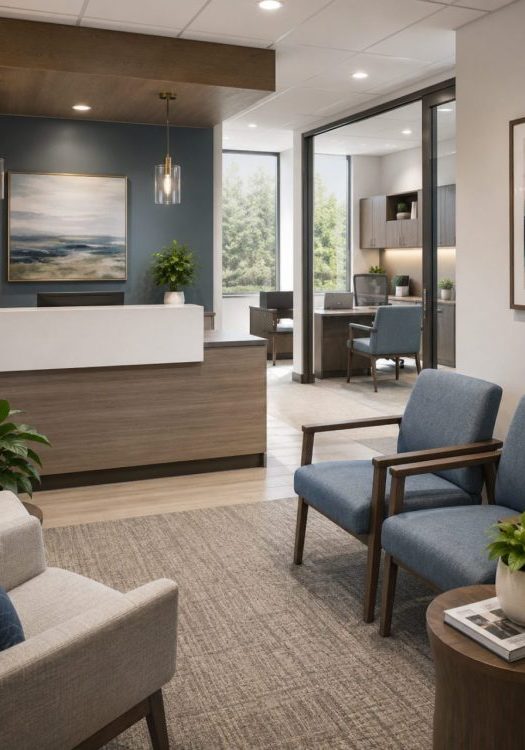 Healthcare reception area with waiting chairs, end table, reception desk, and adjacent consultation office