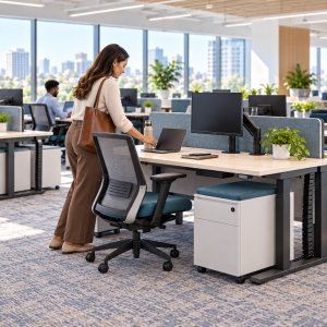 Hybrid or hot desks shown - a place where hybrid employees can grab any available desk to work when in-office.
