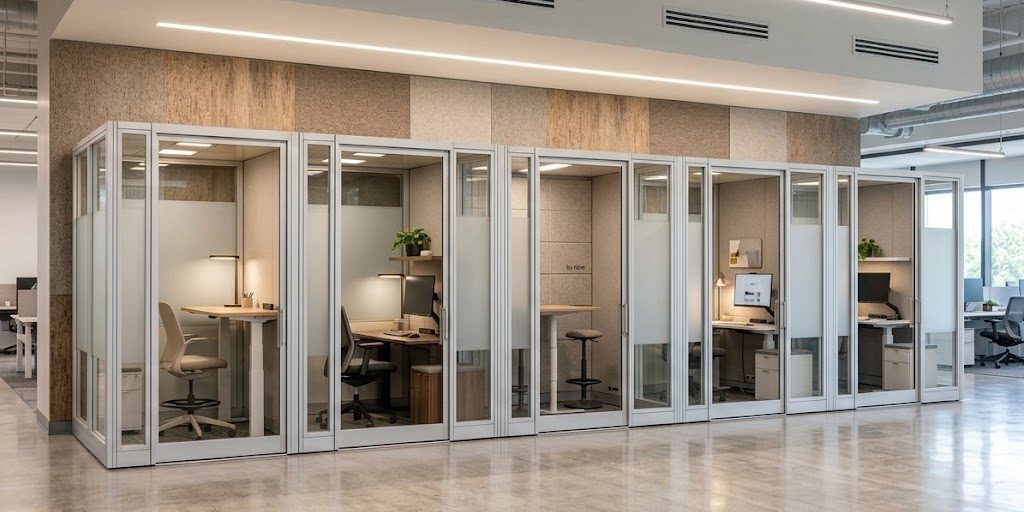 A row of privacy pods or phone booths in an office. They feature a small workspace and glass walls.