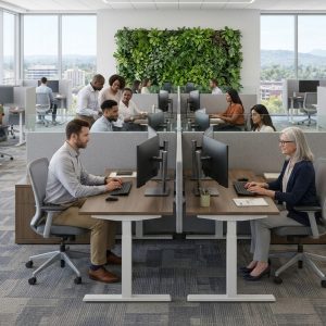 Modular office furniture in an office. Individual work areas are shown with sit stand desks and ergonomic chairs.