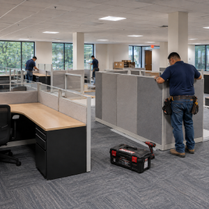 A team assembling and installing office furniture at a business