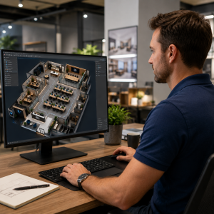 A photo of a Project Manager at Office Furniture EZ creating a 3D plan of a workspace for a client