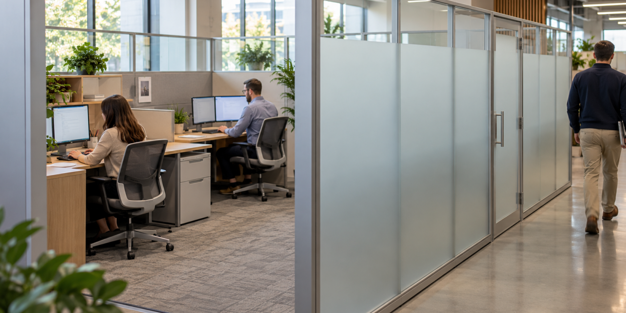 An enclosed office workspace with frosted glass panels and a matching door helps shield computer screens and paperwork from people walking past while allowing natural light into the work area.