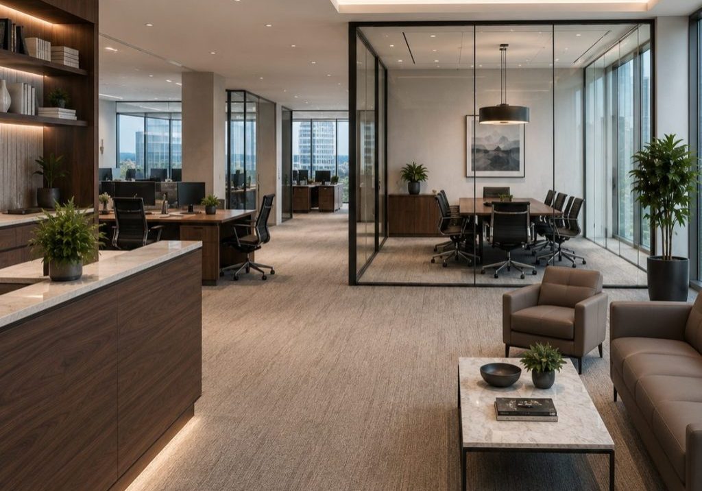 Modern professional office with reception area, workstations, conference room, and client seating