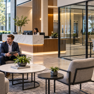 Commercial building lobby and property management office with lounge seating, reception, and meeting space