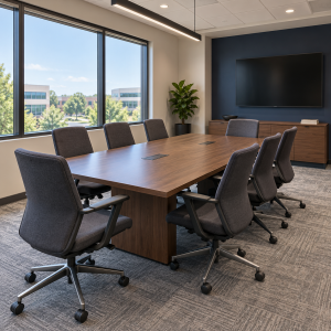 Modern conference room with a walnut-finish table, eight upholstered chairs, and a wall-mounted presentation screen.