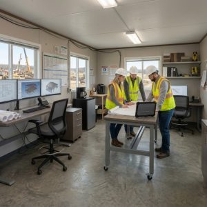 Construction team in hard hats reviewing blueprints at a project table inside a job-site trailer office with sit-stand desks and filing storage.