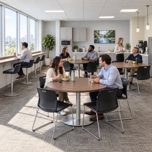 A breakroom at an office. Tables and chairs are in use as are high tables and stools.