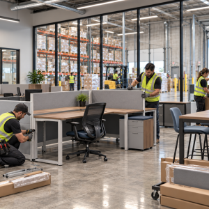 Office furniture being installed in a warehouse-connected office with workstations, partitions, and warehouse activity in the background