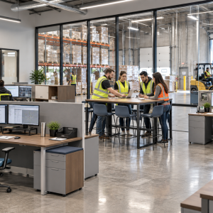 Warehouse operations office with modern workstations, a collaboration table, and active warehouse space in the background